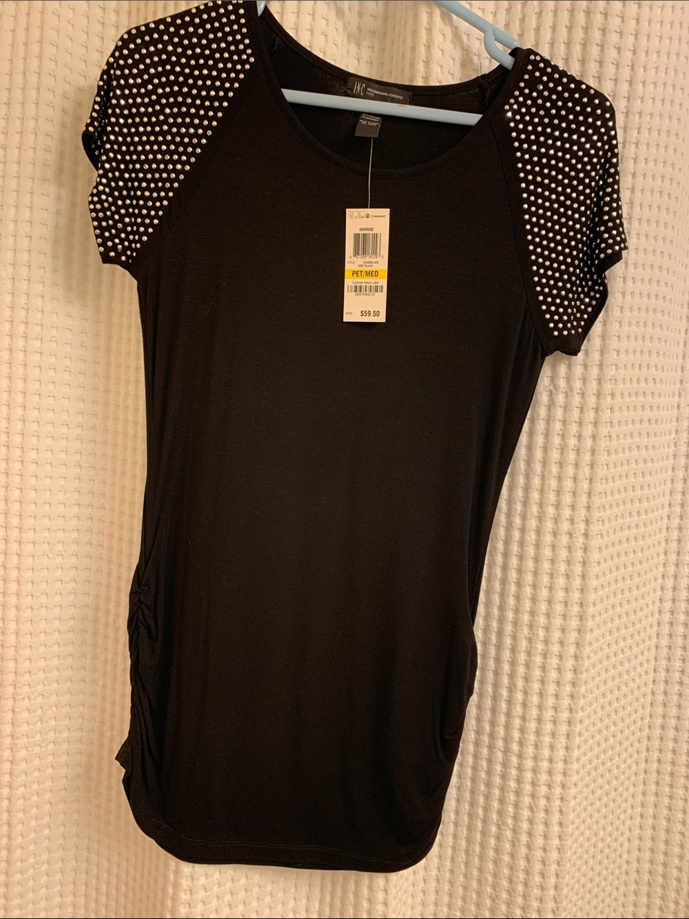 INC Black Short-Sleeve Top with Studded Shoulders